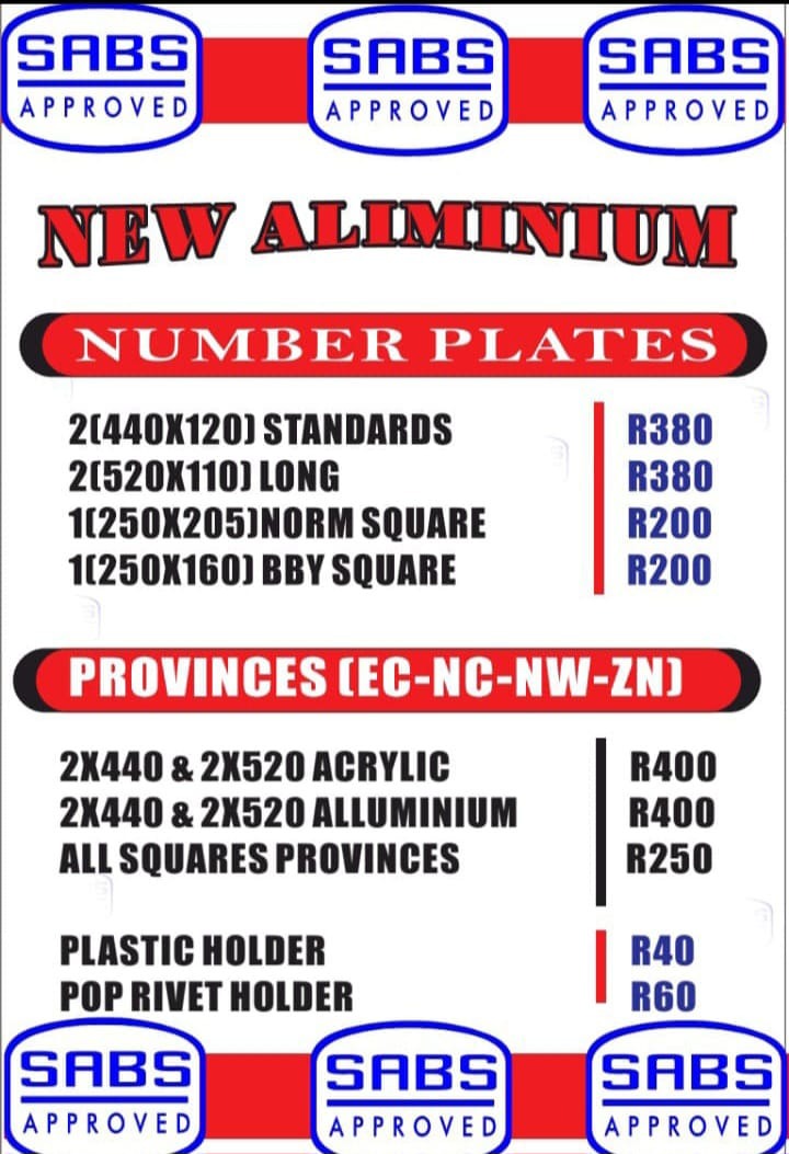 Number Place Prices — supplied SABS-approved number plate price list